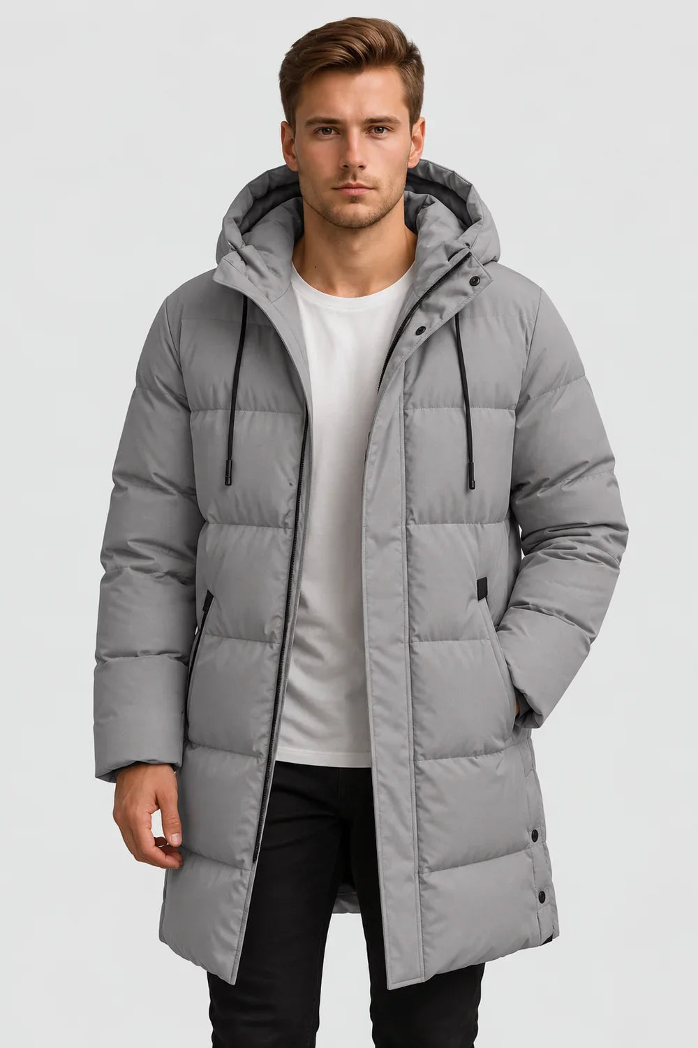 Men's Hooded Puffer Jacket – Black Padded Longline