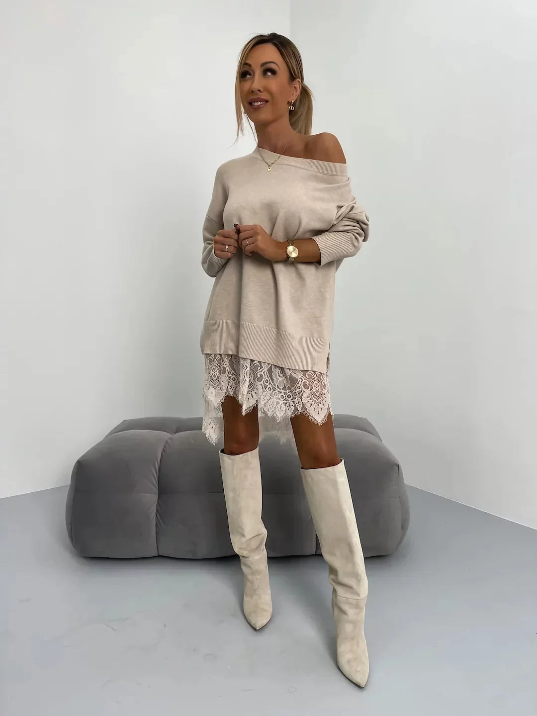 Sweater Dress – Apricot Oversized Mini Lace Hem