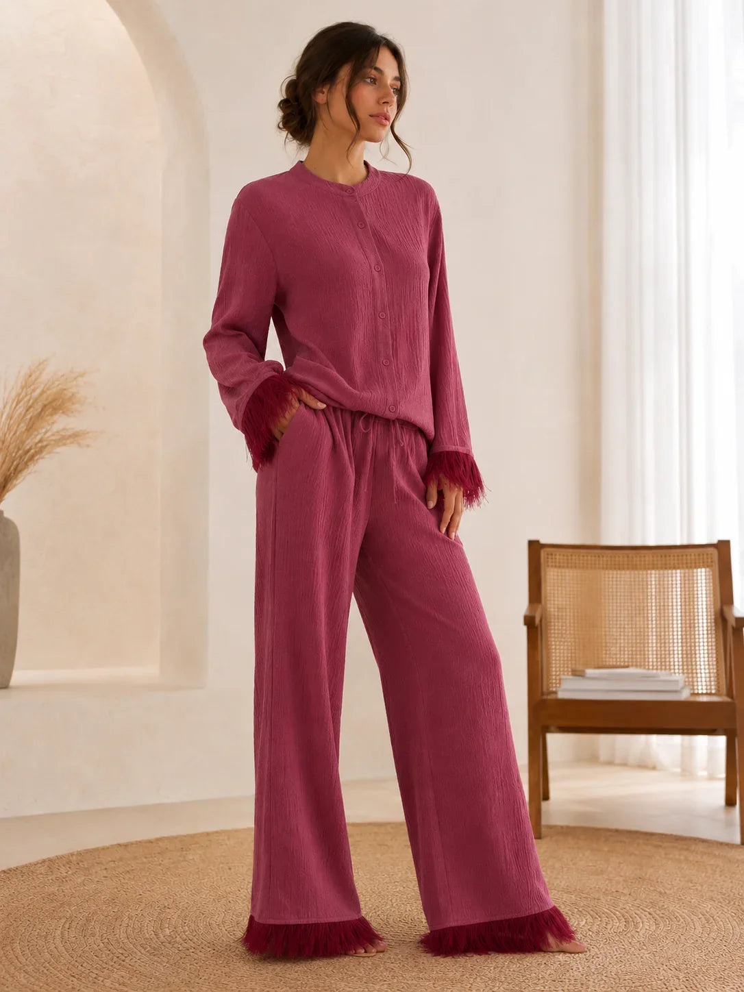 Sequin Pant Set – Burgundy Feather Trim Wide Leg