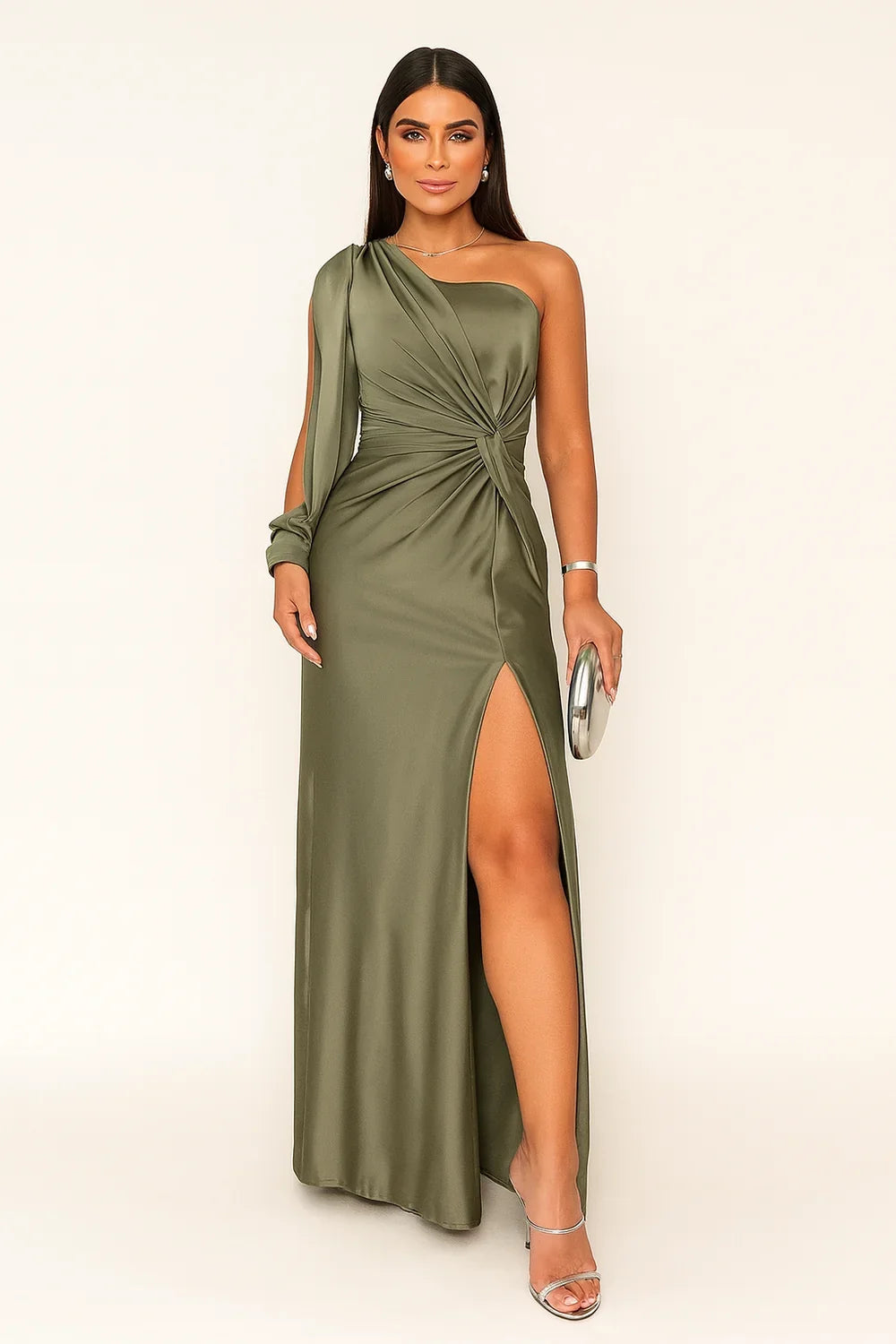 One-Shoulder Satin Cocktail Maxi Dress