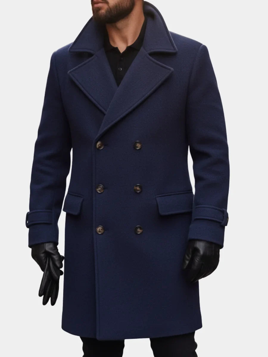 Men's Wool Coat – Blue Double-Breasted Longline
