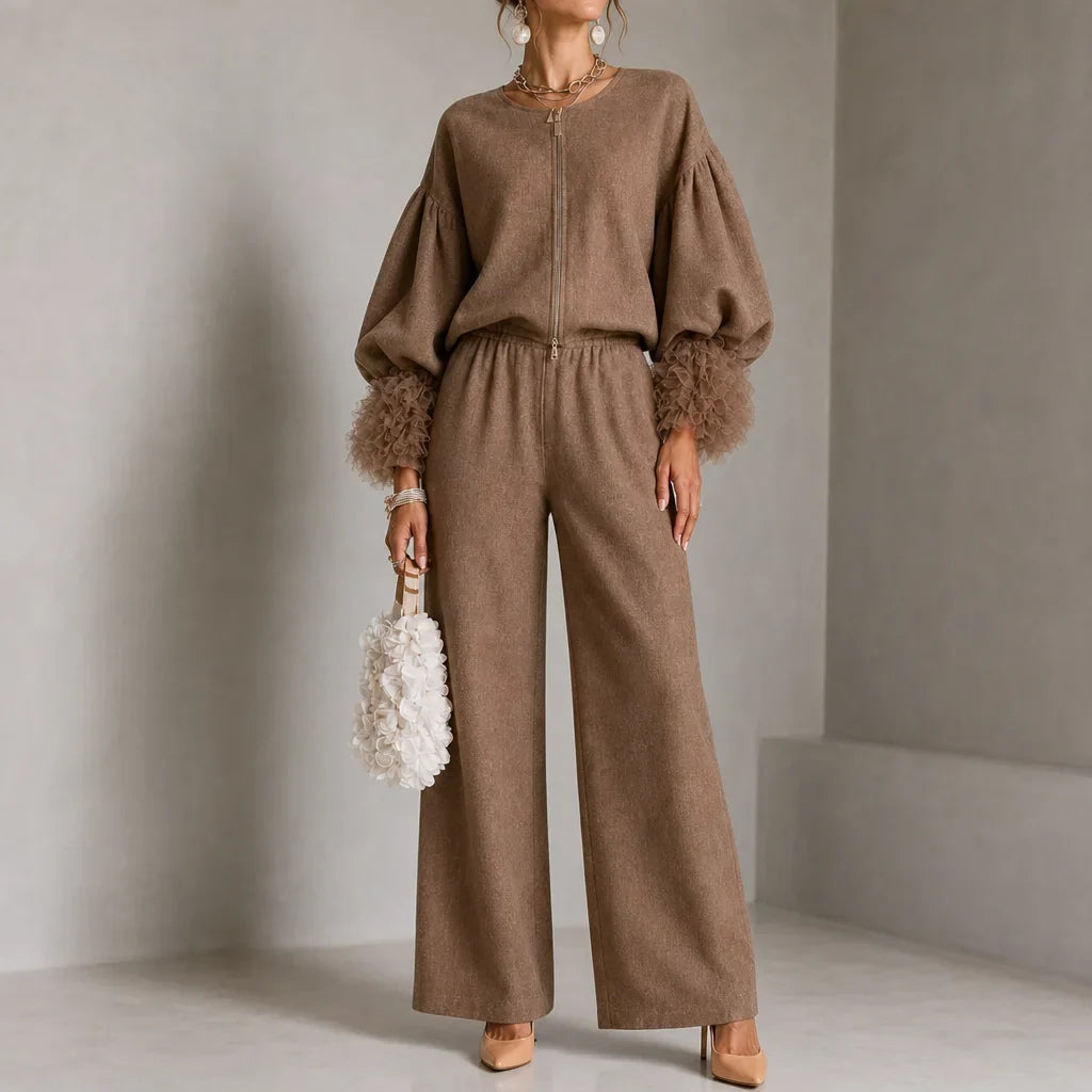 Balloon Sleeve Knit Top and Wide-Leg Pant Set