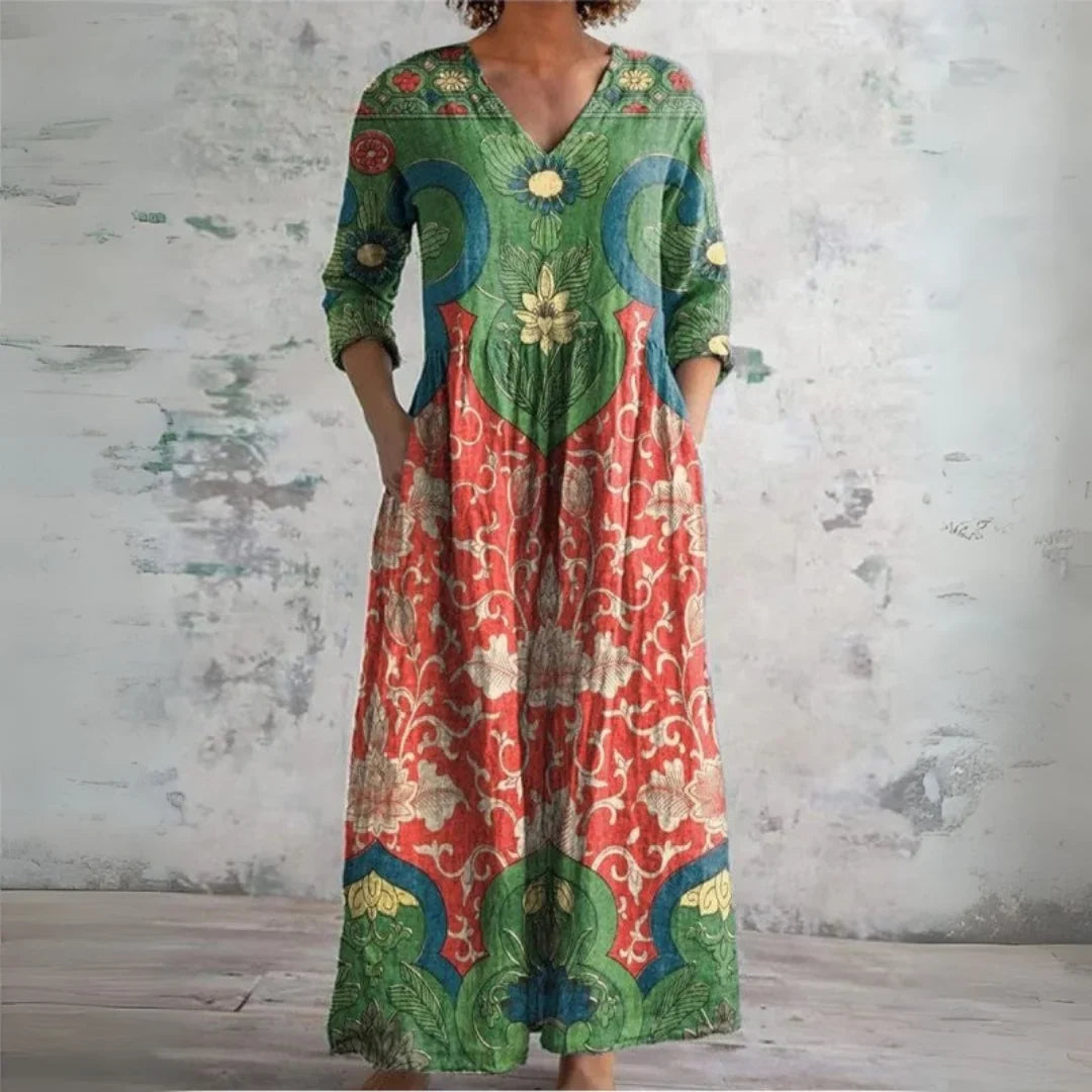 V-Neck Long Sleeve Printed Maxi Dress