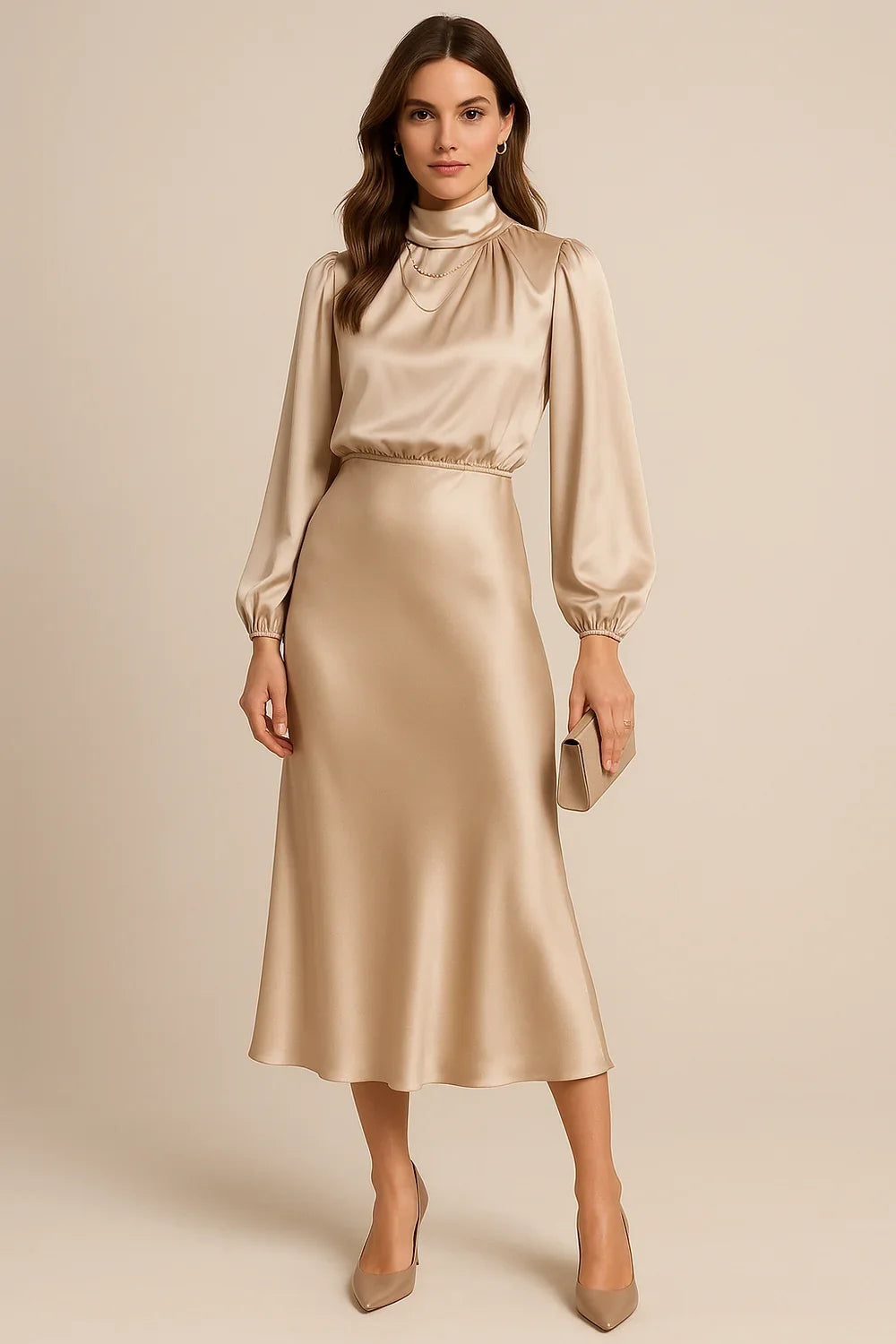 Wedding Guest Dress – Black Roll Neck Satin Midi
