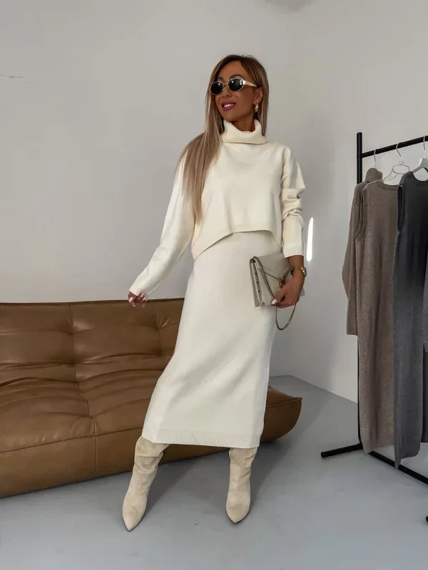 Sweater Dress – Beige Turtleneck Two-Piece Midi