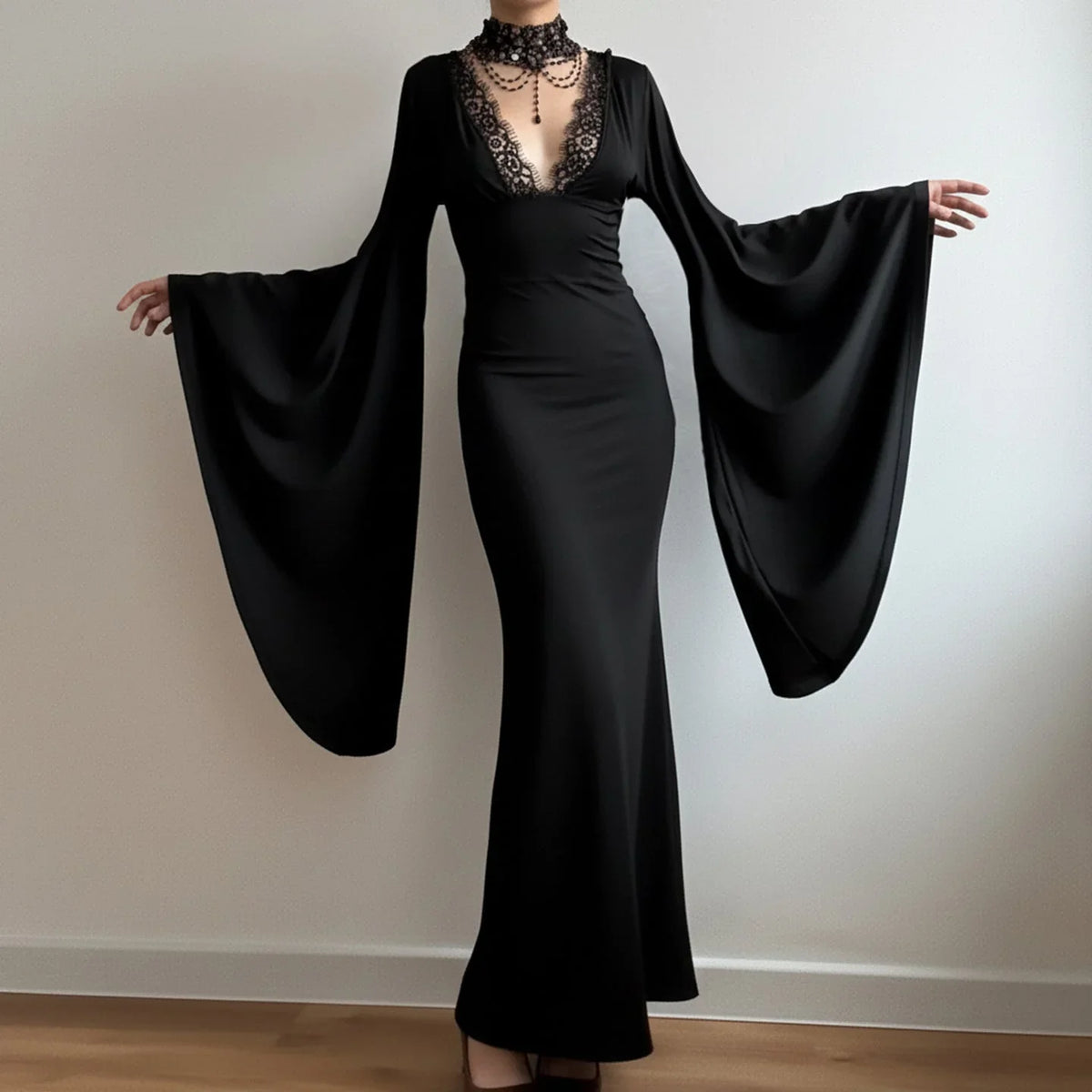 Lace Maxi Dress – Black Flared Sleeve V-Neck