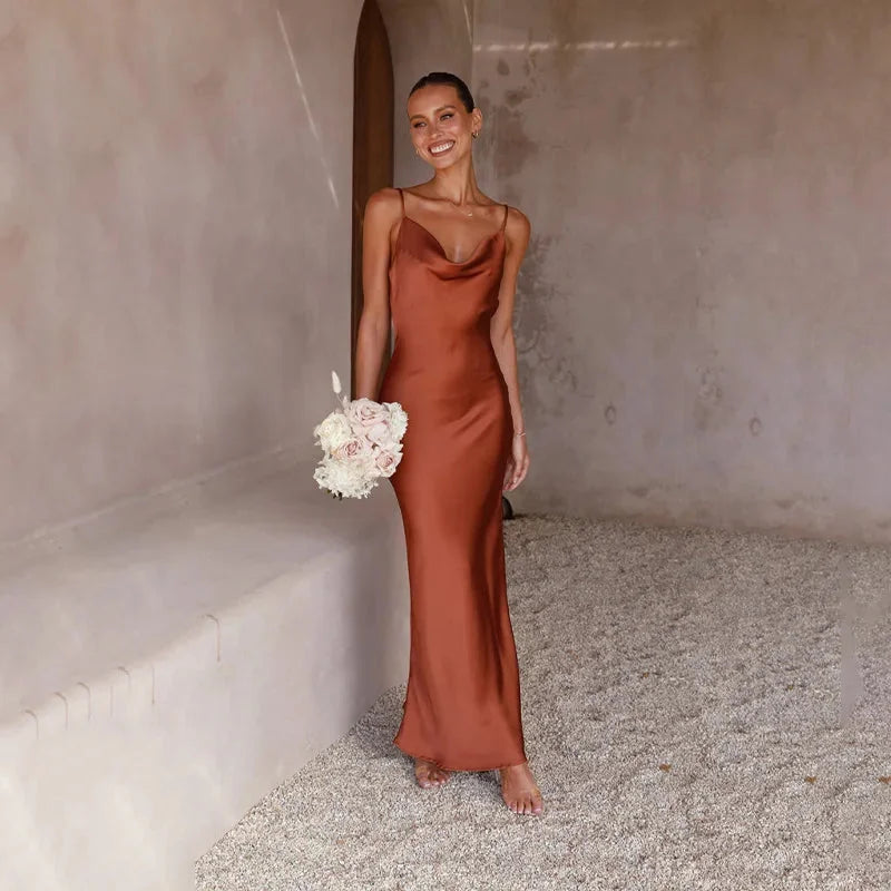 Wedding Guest Dress – Black Cowl Neck Satin Maxi
