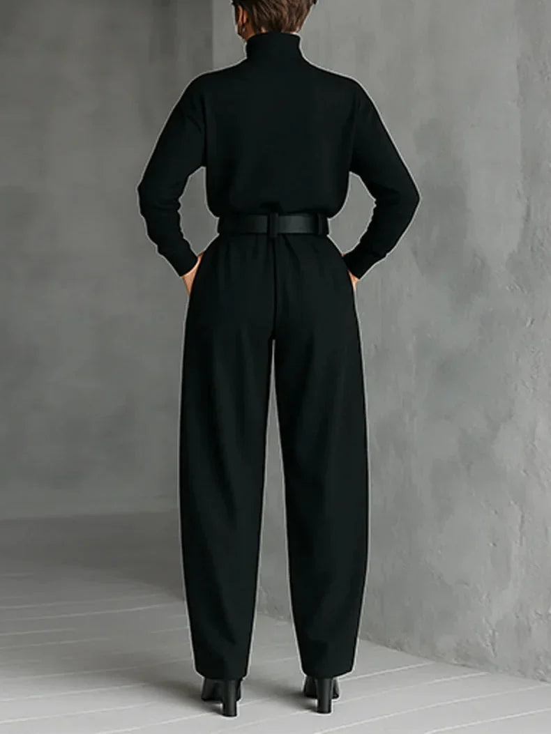 High-Neck Top and Wide-Leg Pant Set with Belt