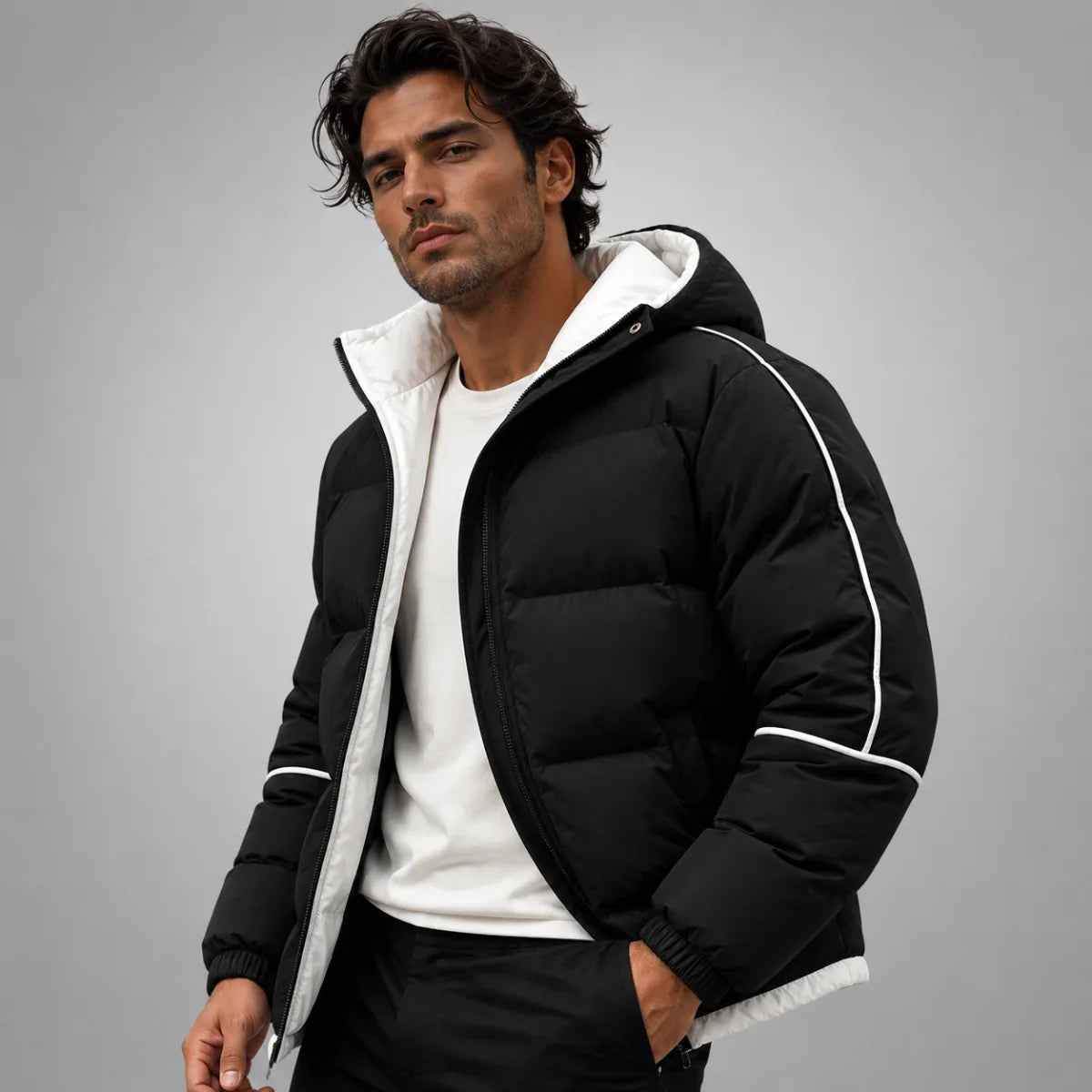 Men's Hooded Puffer Jacket – Black Contrast Piping