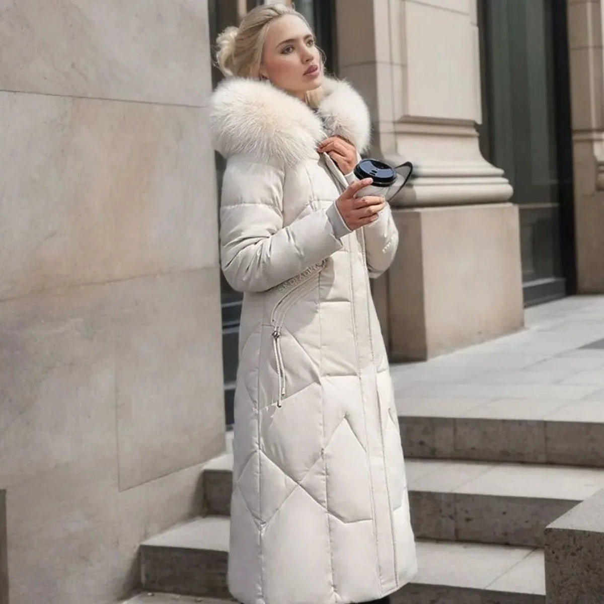 Long Hooded Puffer Coat – Black Faux Fur Trim