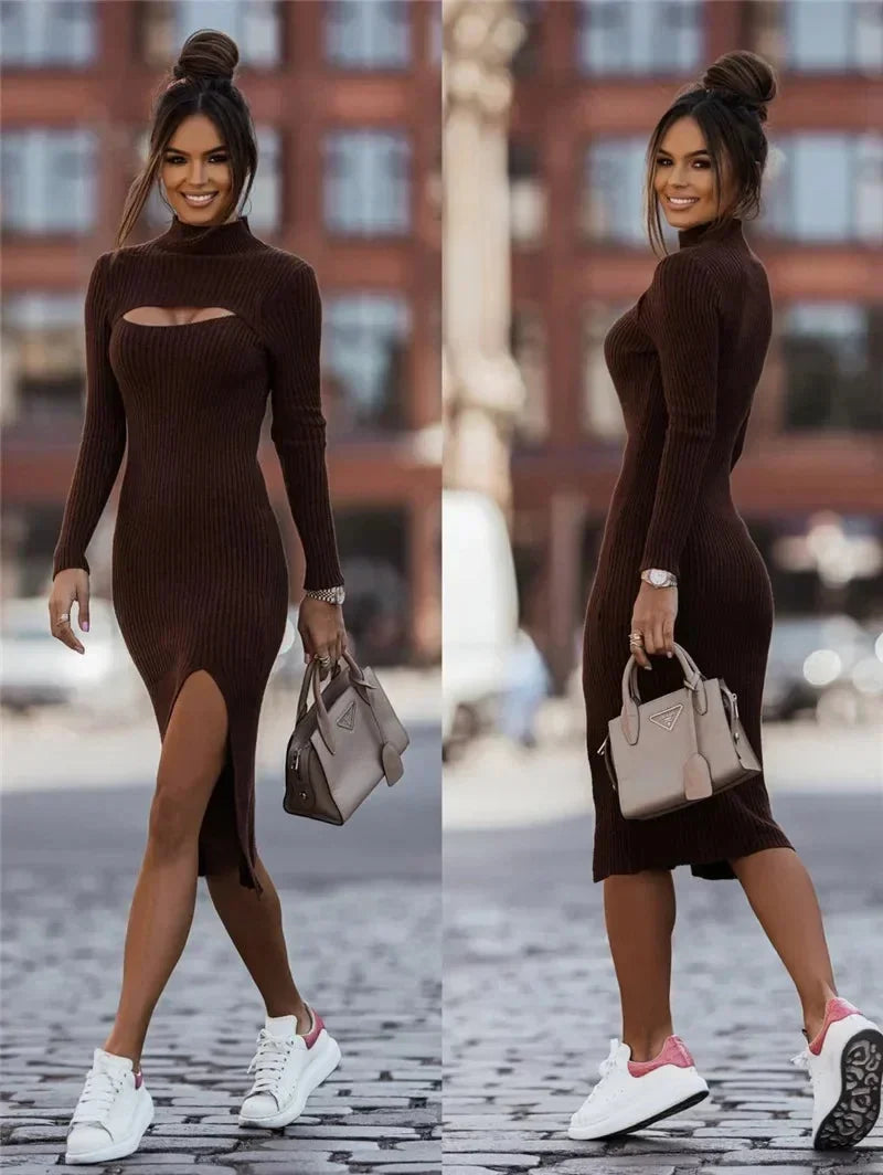 Sweater Dress – White Ribbed Bodycon Midi