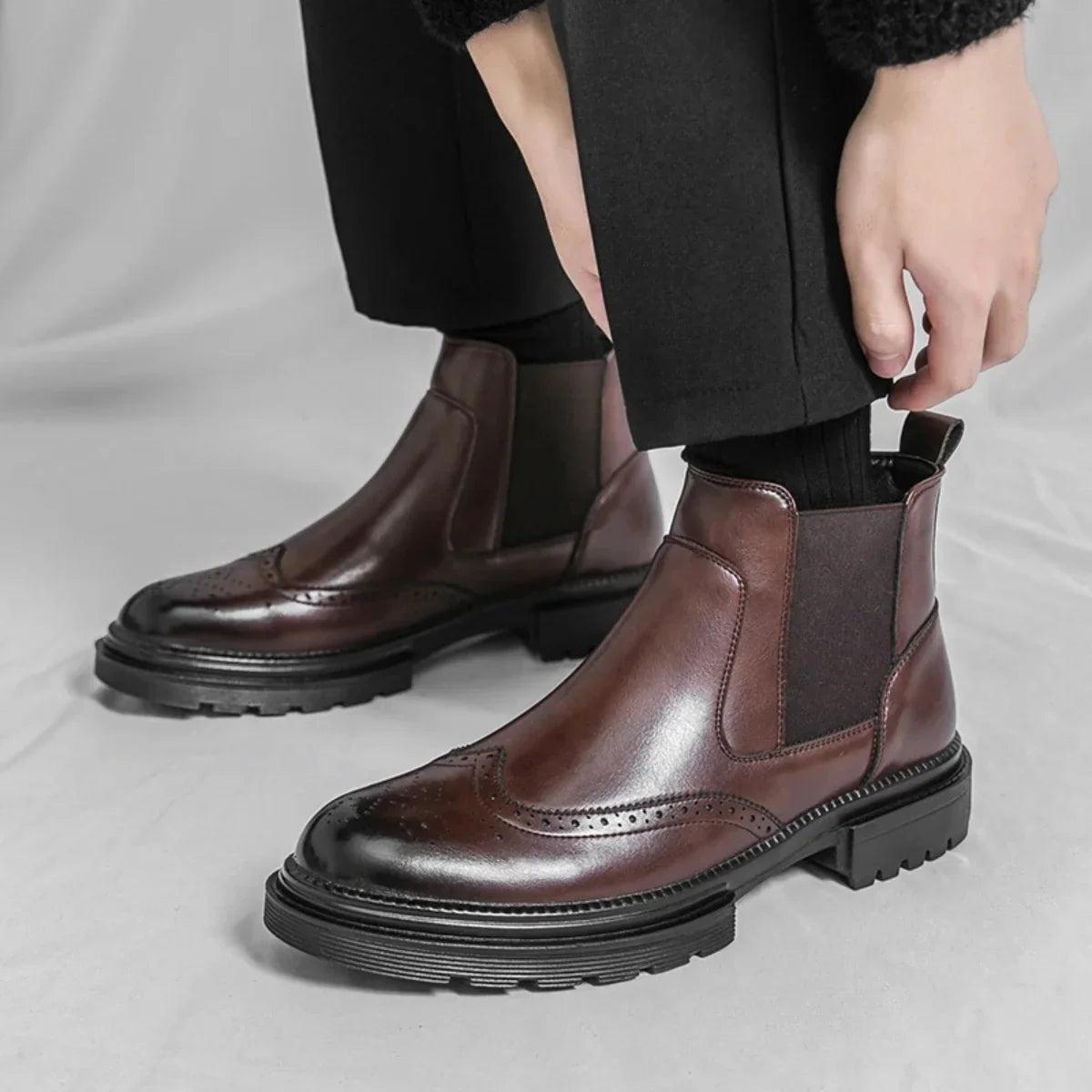 Men's Chelsea Boots – Black Leather Brogue Lug Sole