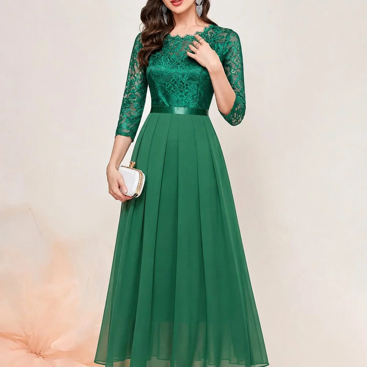 Lace Maxi Dress – Red Three-Quarter Sleeve