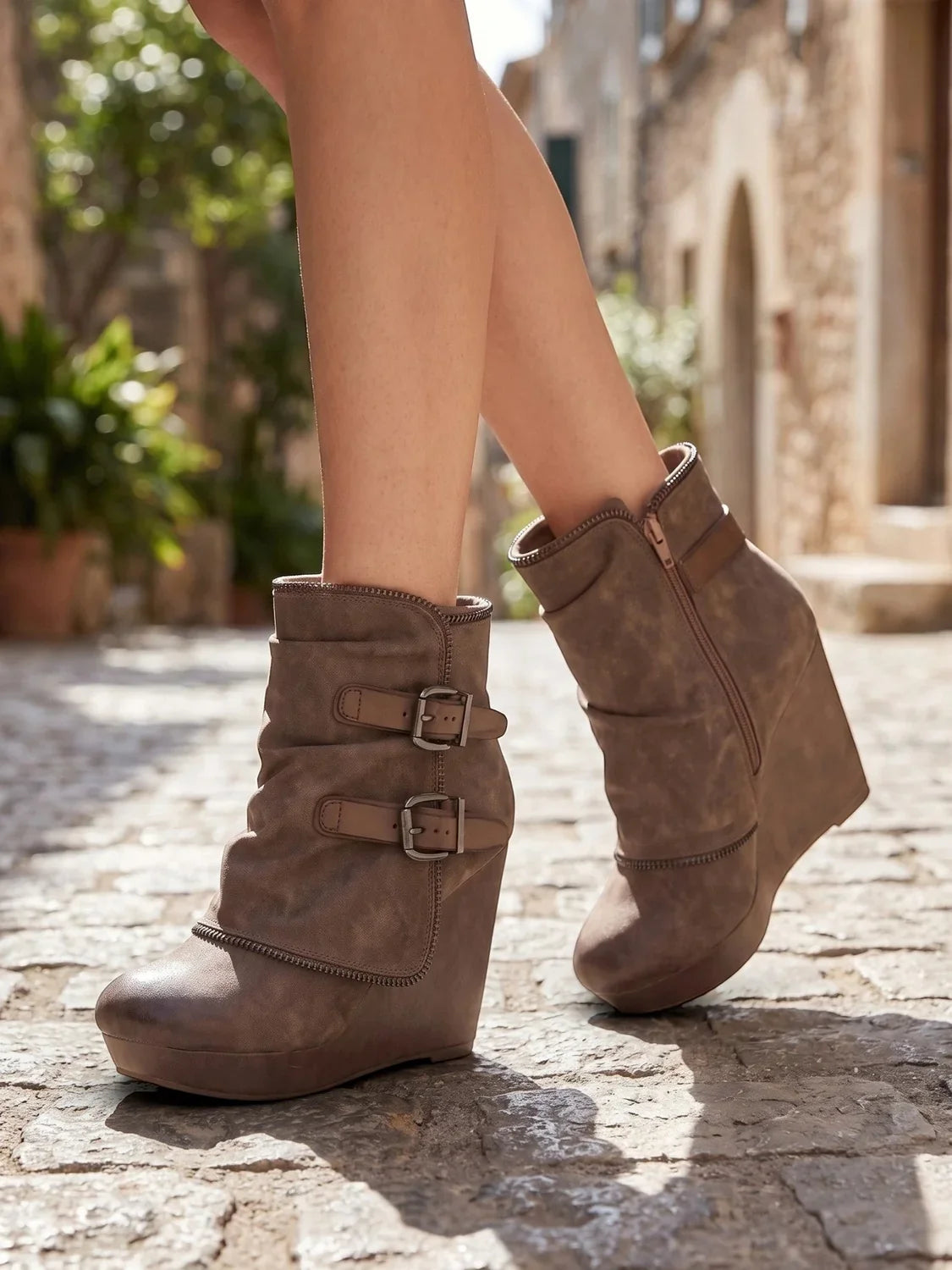 Wedge Ankle Boots Side Zip Double Buckle