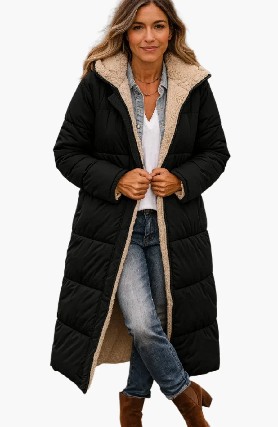 Long Hooded Puffer Coat – Black Sherpa Lined