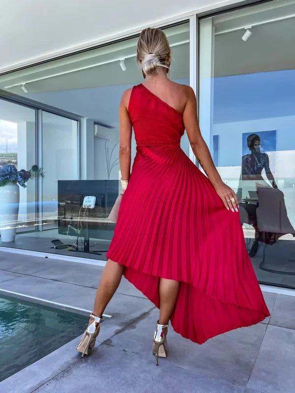 Wedding Guest Dress – Red One-Shoulder Pleated Maxi