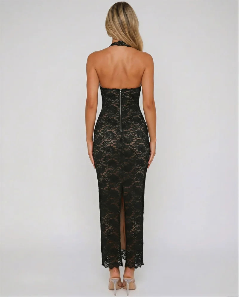 Livia | Lace Halter Maxi Dress with Open Back
