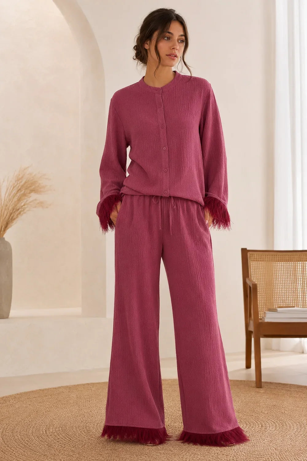 Sequin Pant Set – Burgundy Feather Trim Wide Leg
