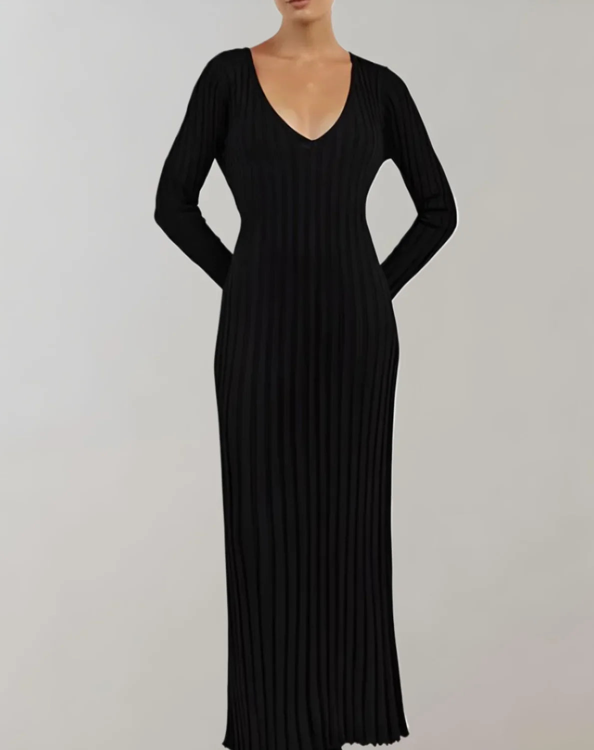 Sweater Dress – White V-Neck Ribbed Maxi