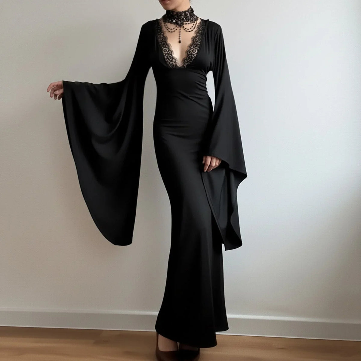 Lace Maxi Dress – Black Flared Sleeve V-Neck
