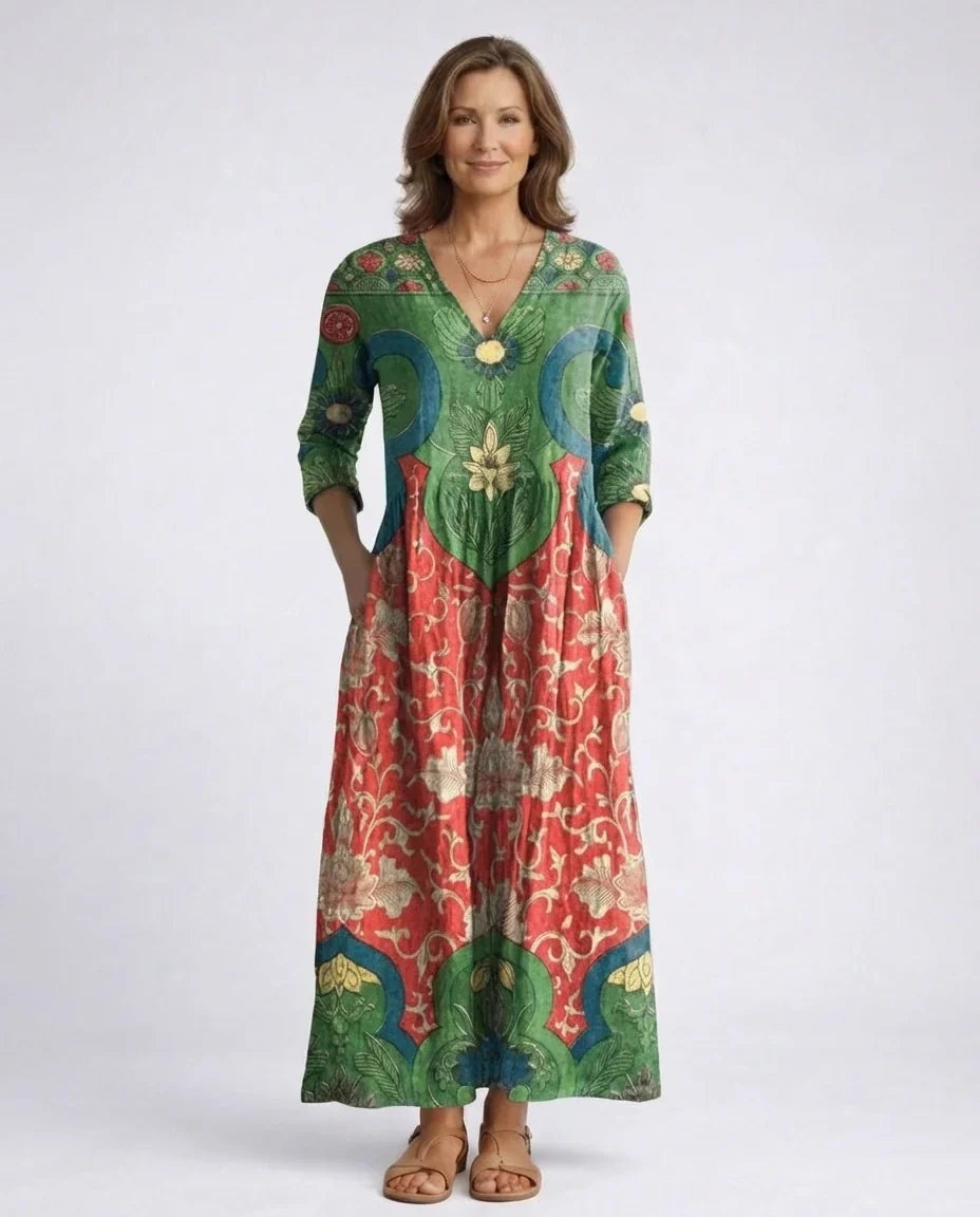 V-Neck Long Sleeve Printed Maxi Dress