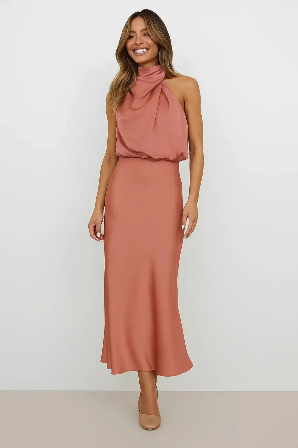 Wedding Guest Dress – Dark Red Halter Satin Maxi