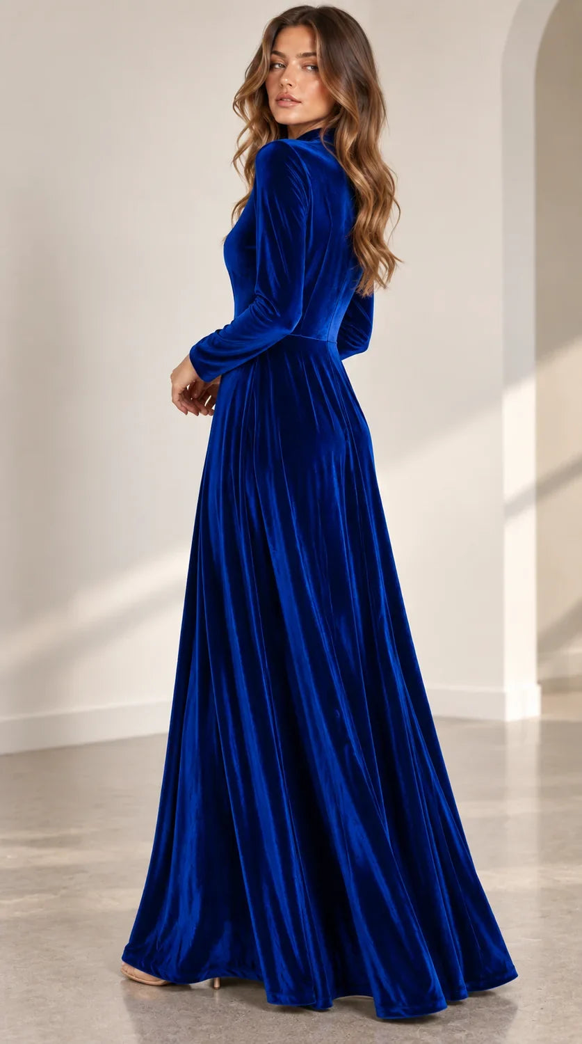 Velvet Maxi Dress – Burgundy A-Line Long Sleeve
