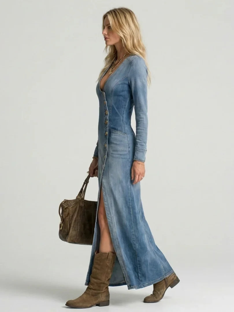 Delphine | Denim Maxi Dress Button Front