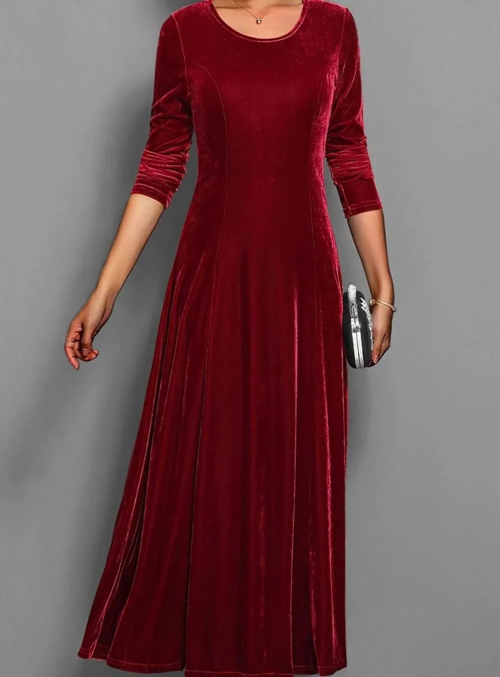Velvet Maxi Dress – Red Long Sleeve Round Neck