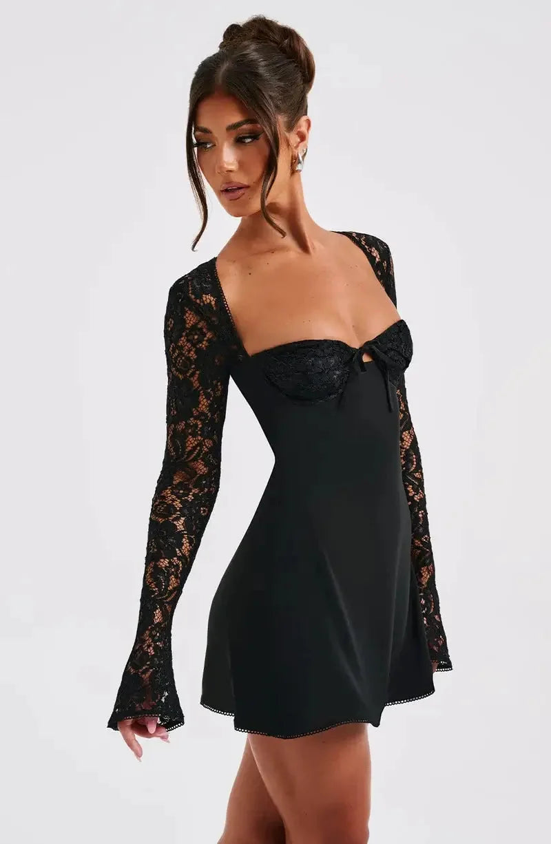 Corset Mini Dress – Black Lace Sleeve