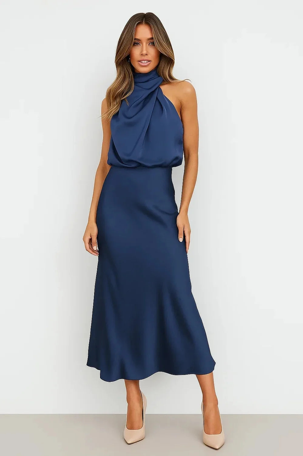 Wedding Guest Dress – Dark Red Halter Satin Maxi