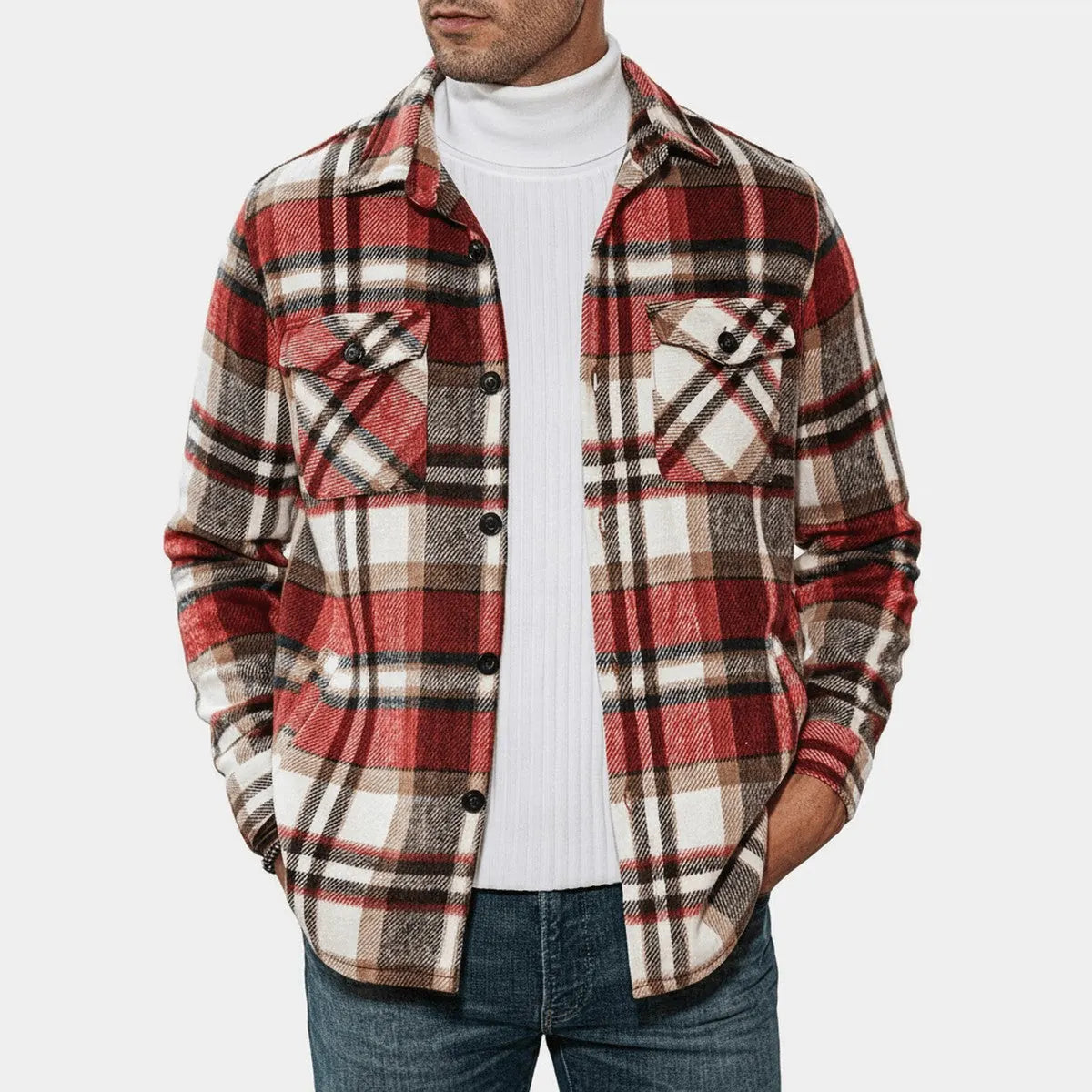 Men's Plaid Flannel Shacket with Sherpa Collar