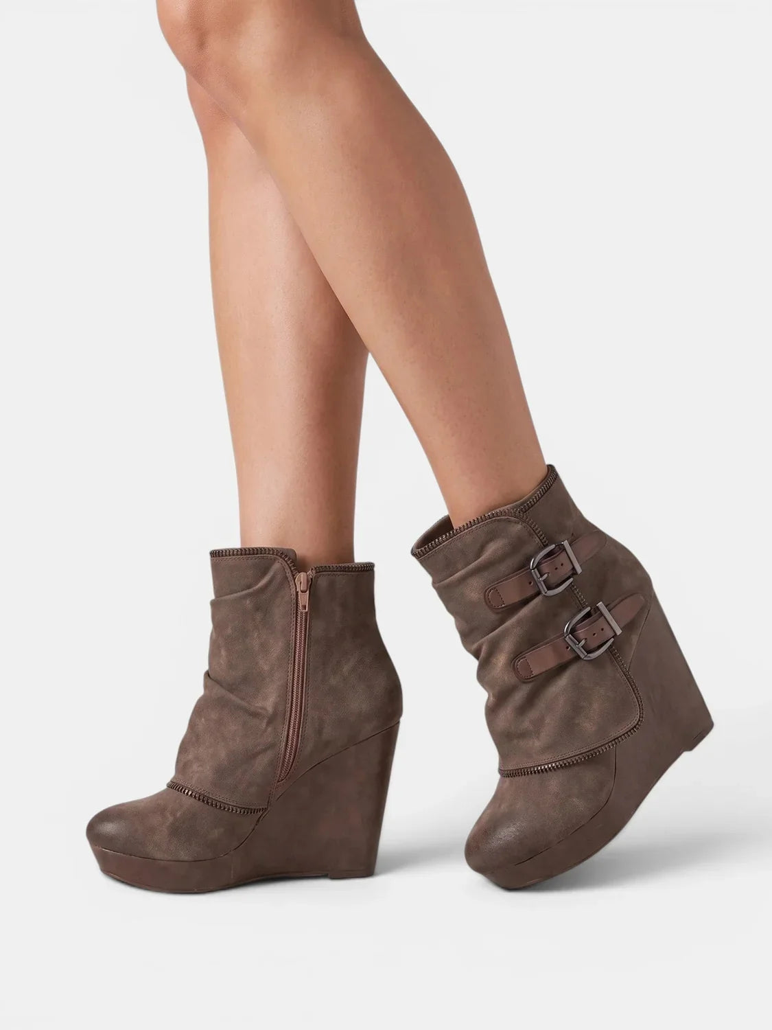 Wedge Ankle Boots Side Zip Double Buckle