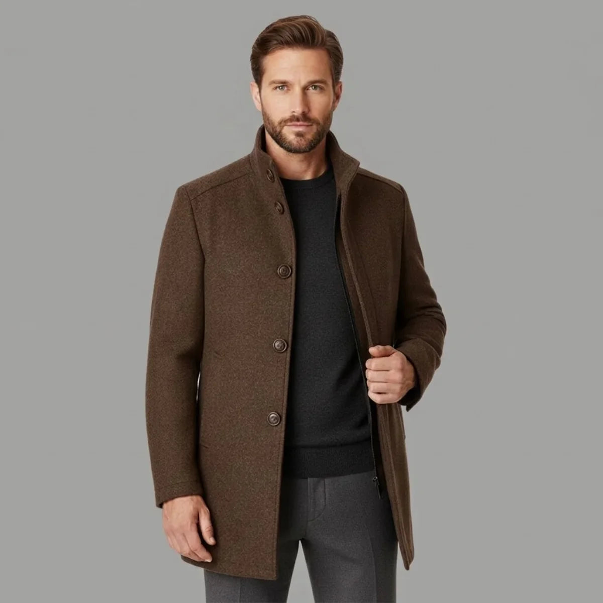 Men's Wool Coat – Black Stand Collar Overcoat