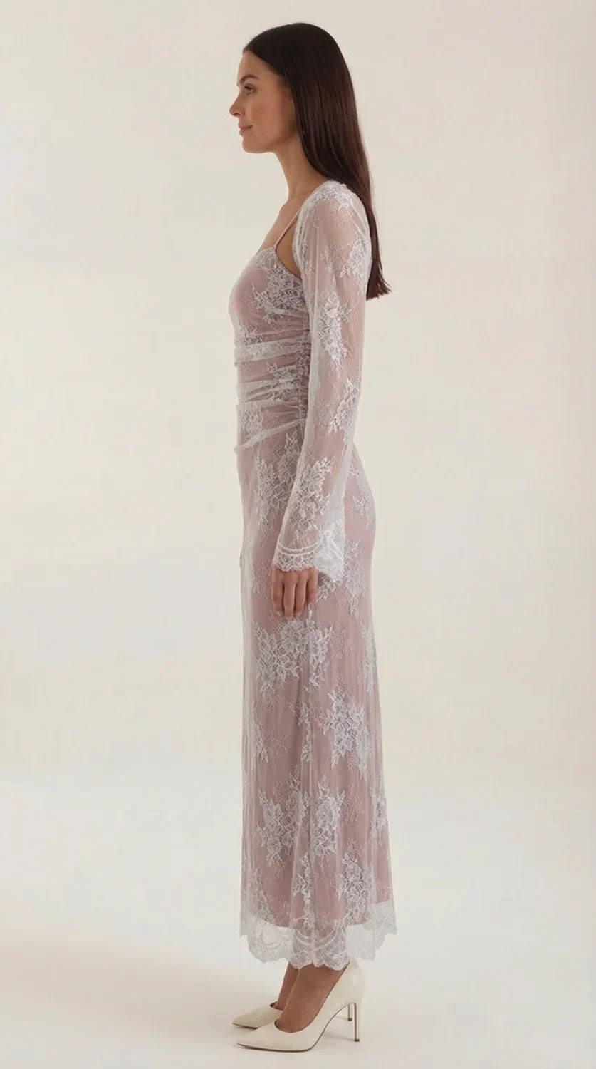 Lace Maxi Dress – Ivory White Long Sleeve Square Neck