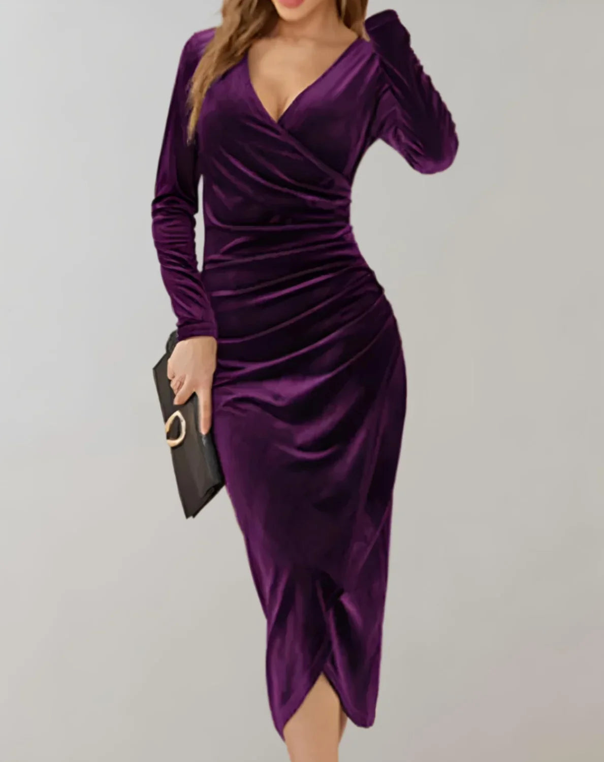Velvet Wrap Dress Long Sleeve Ruffle