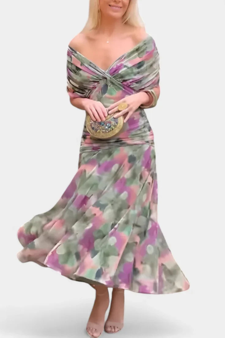 Off Shoulder Midi Dress Draped Wrap Bodice
