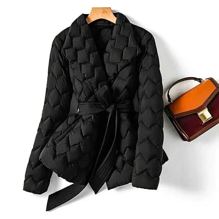 Women's Belted Quilted Puffer Coat with Shawl Collar