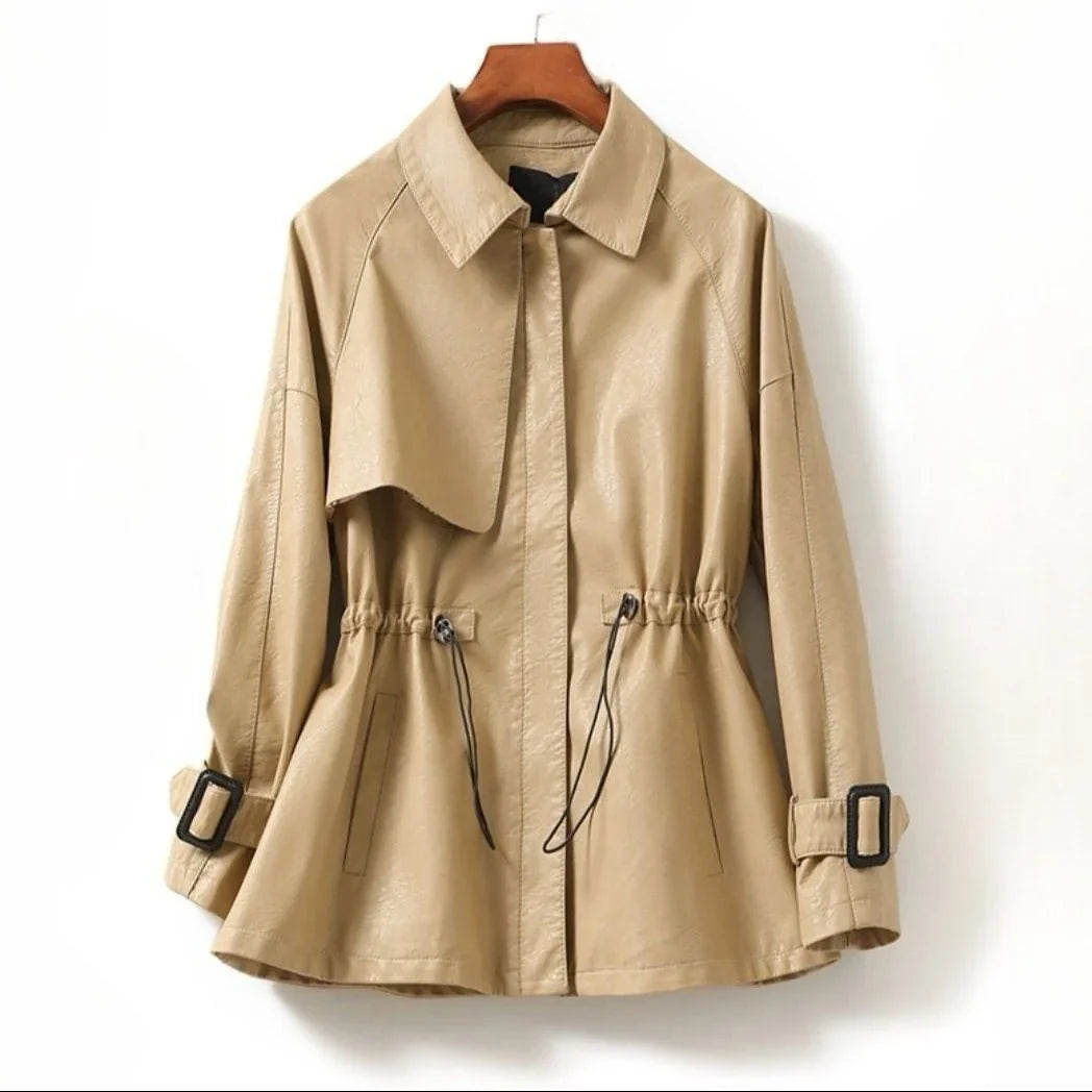 Women's Faux Leather Jacket with Drawstring Waist