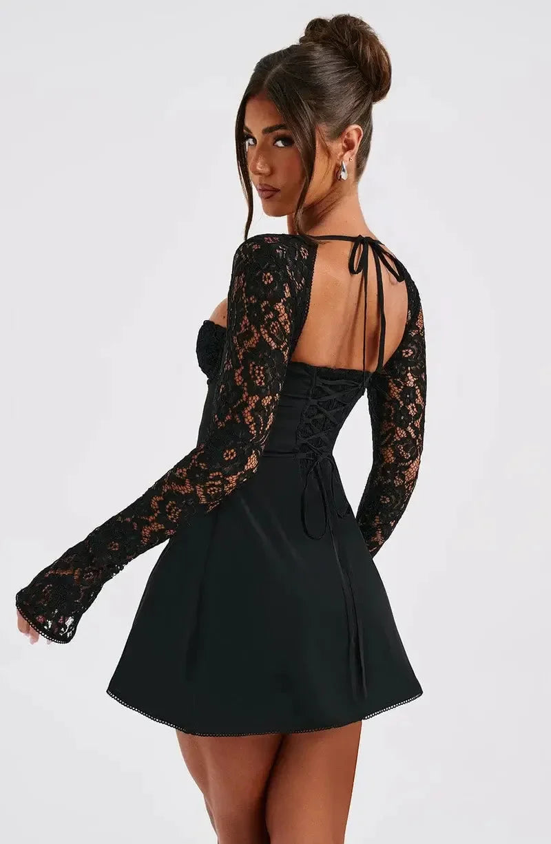 Corset Mini Dress – Black Lace Sleeve