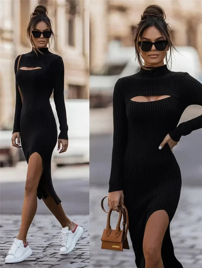 Sweater Dress – White Ribbed Bodycon Midi