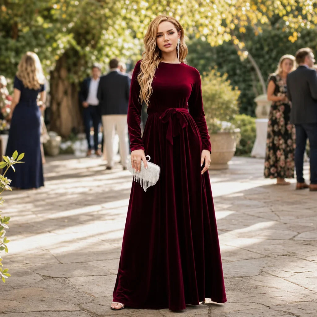 Belted Velvet A-Line Maxi Dress with Long Sleeves