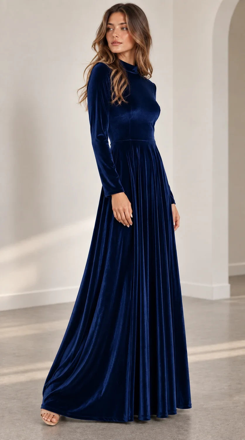 Velvet Maxi Dress – Burgundy A-Line Long Sleeve