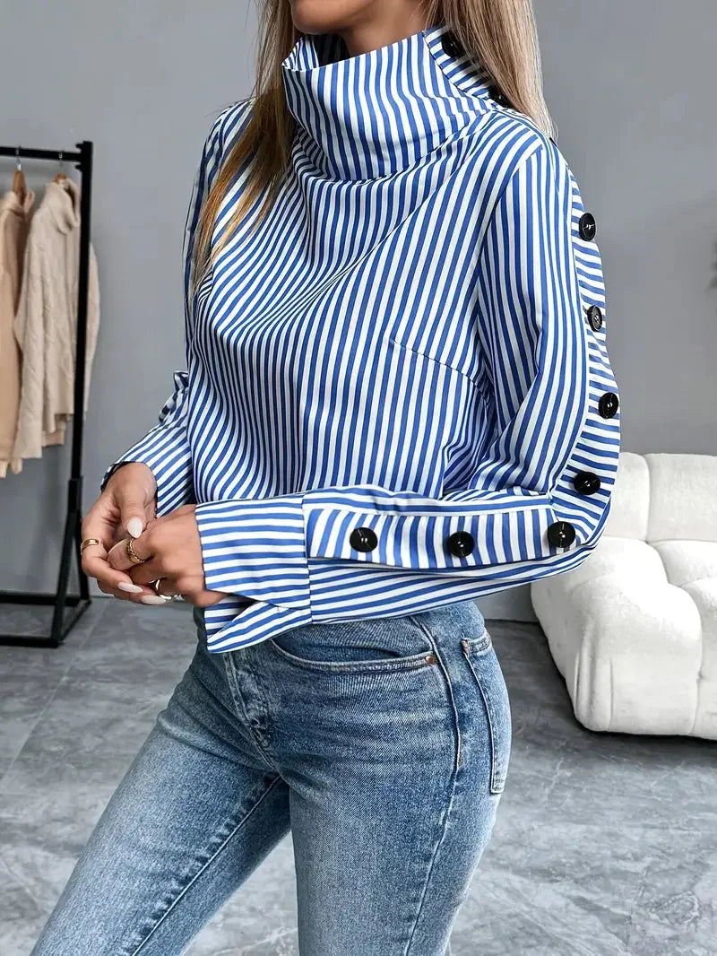 Striped Funnel Neck Blouse with Button Sleeves