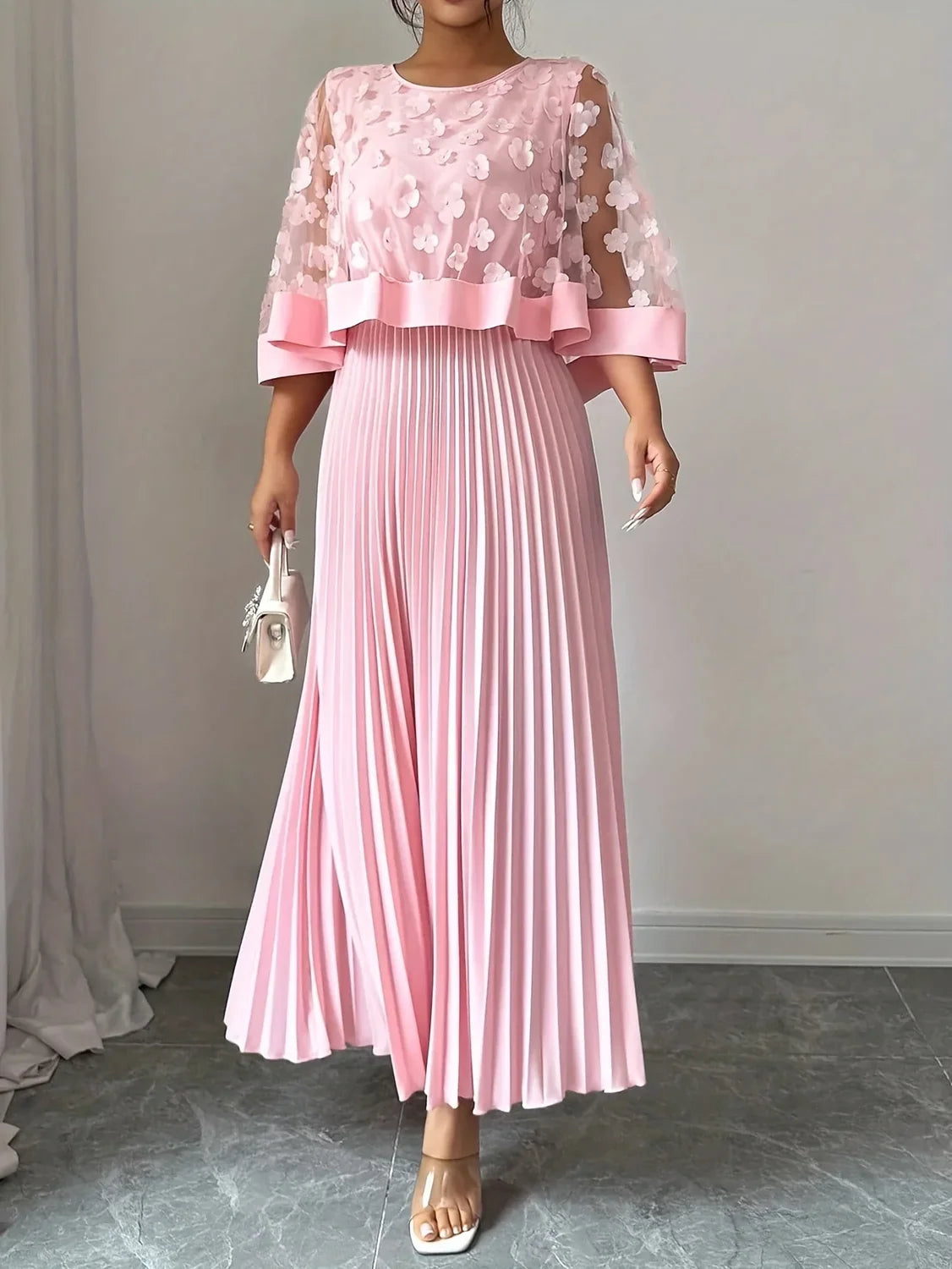 Maxi Dress 3D Floral Appliqué Pleated Wedding Guest