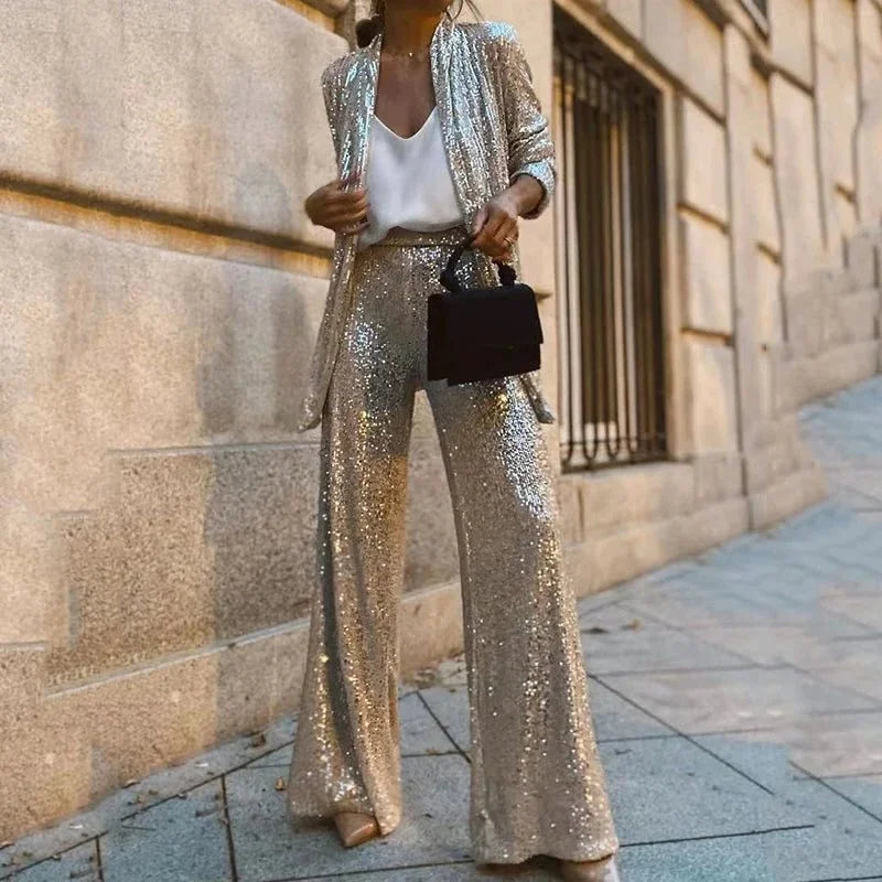Sequin Blazer and Wide-Leg Pant Set