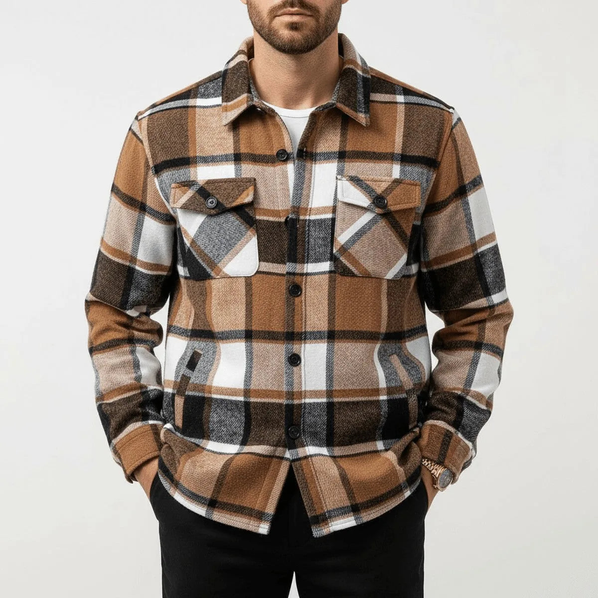 Men's Plaid Flannel Shacket with Sherpa Collar