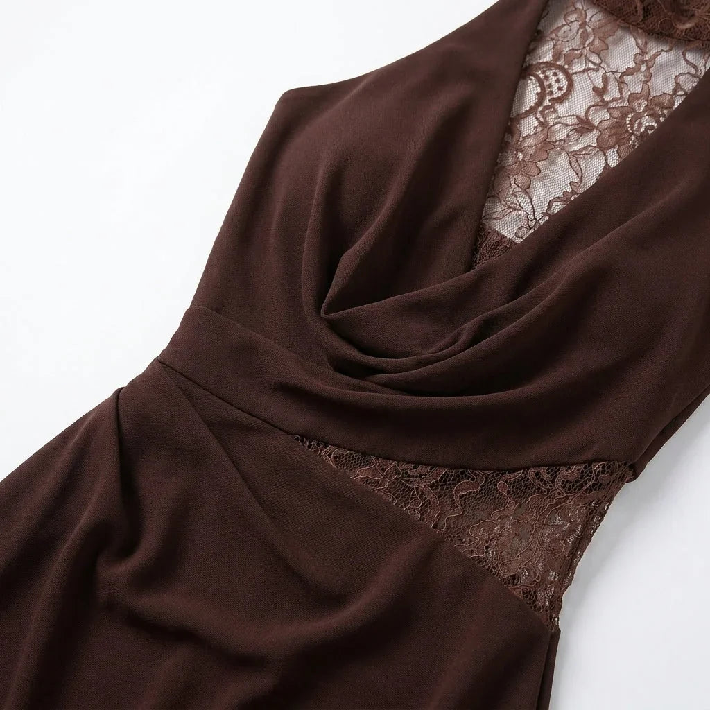 Lace Maxi Dress – Brown High Neck Halter