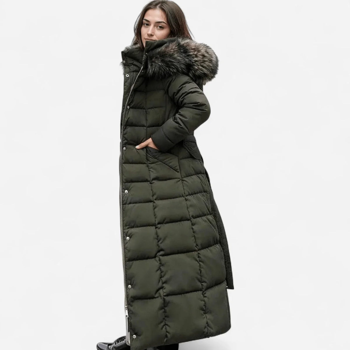 Long Puffer Coat with Faux Fur Hood