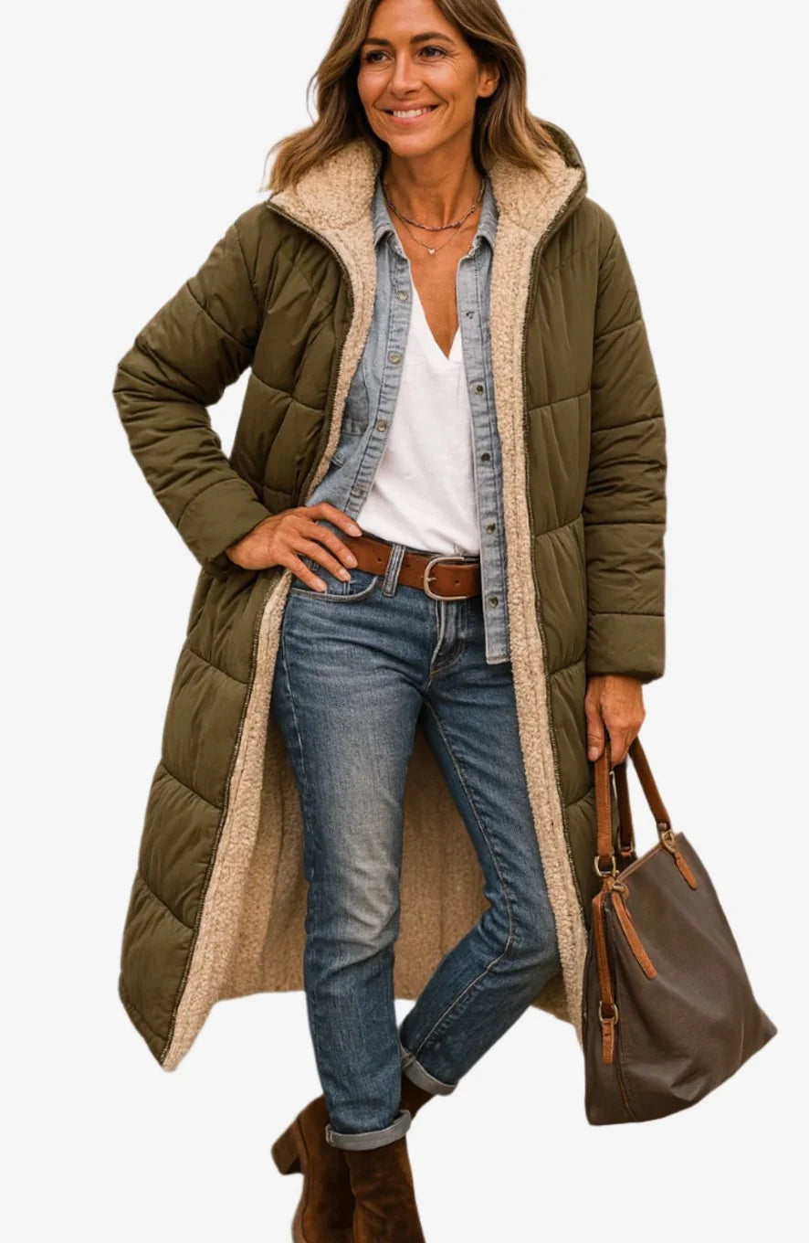 Long Hooded Puffer Coat – Black Sherpa Lined